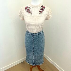 Embroidered Blouse and Acid-Wash Denim Skirt Set